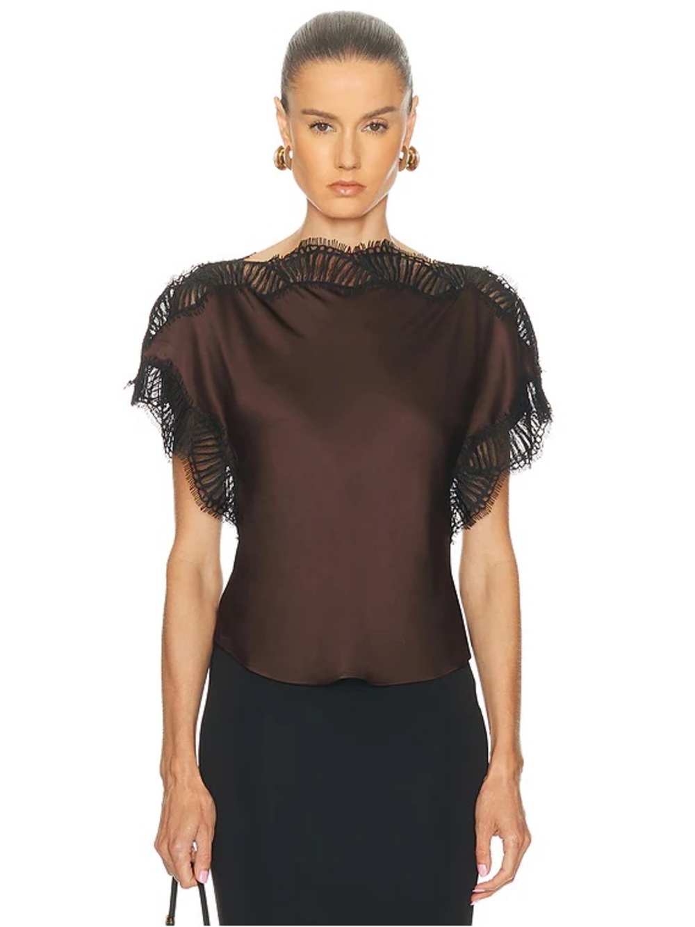 A.L.C. Luna satin lace trim top in cocoa and black